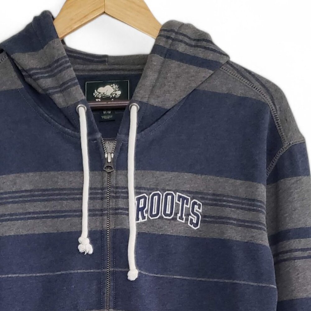 Roots Striped Hoodie Men's Full Zip Canadian Chunky Embroidered Spell Out Camp M